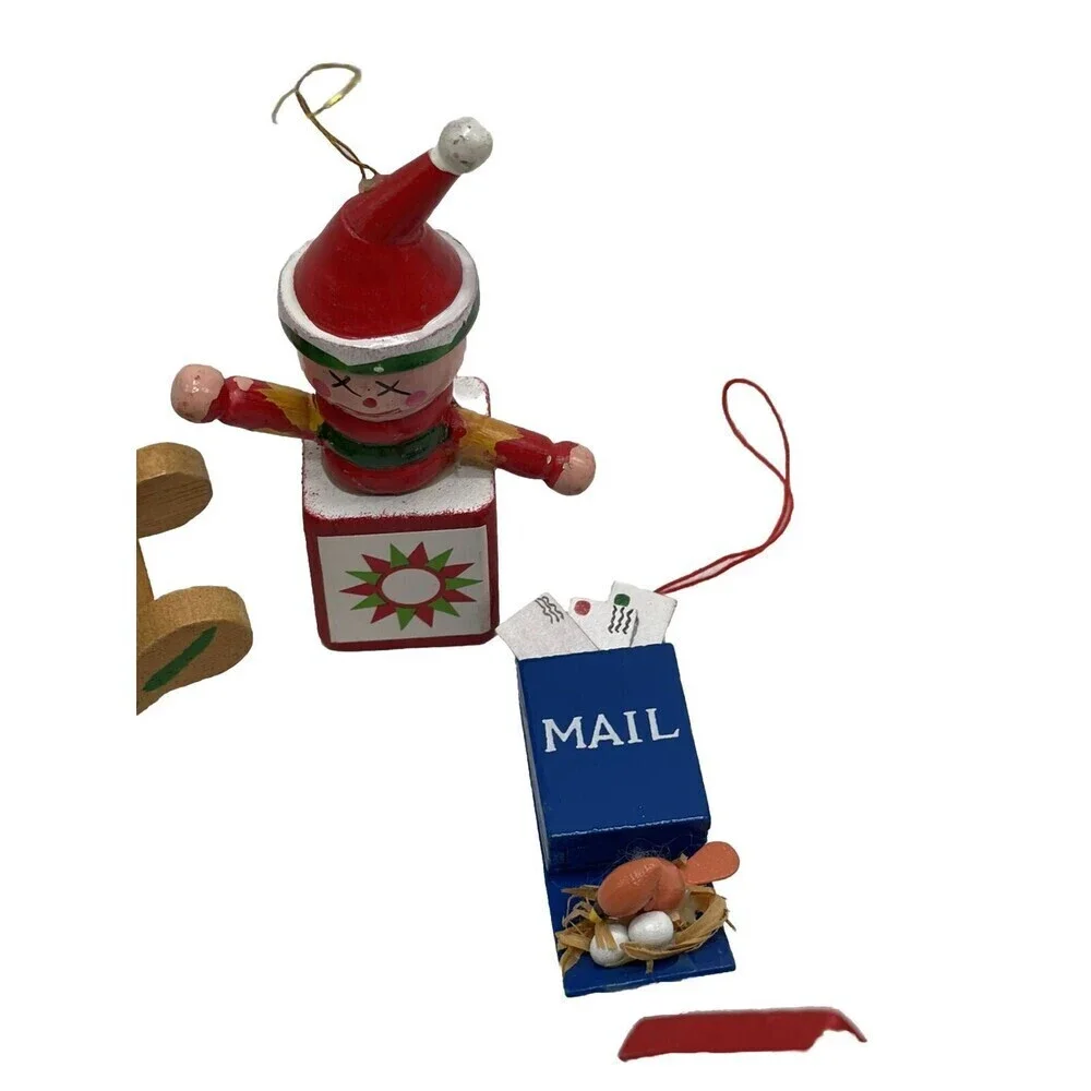 Lot 15 Christmas Ornaments Wood Vintage Mini Wooden Painted Angel Drum Snowman